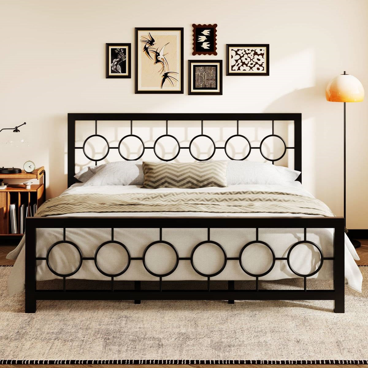 King Black Metal Platform Bed Frame with Circle Medallion Headboard Footboard-3