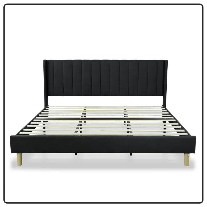 King size Mid-Century Black Linen Platform Bed Frame with Upholstered Headboard-1
