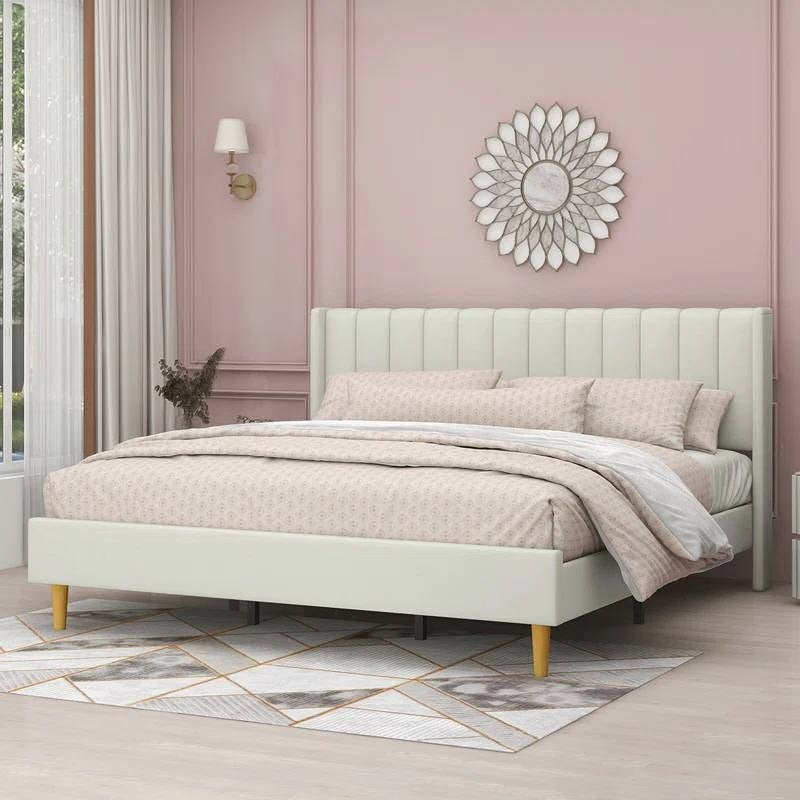 King Mid-Century Platform Bed Frame with Cream Velvet Upholstered Headboard-2