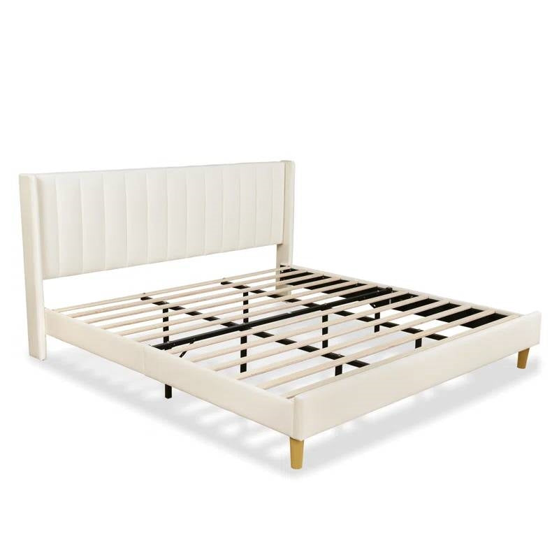 King Mid-Century Platform Bed Frame with Cream Velvet Upholstered Headboard-3
