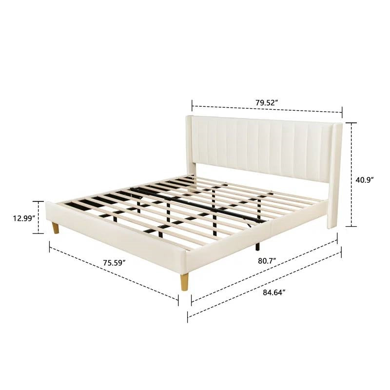 King Mid-Century Platform Bed Frame with Cream Velvet Upholstered Headboard-4