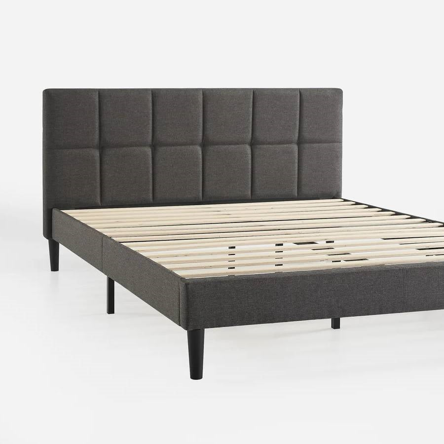 King size Grey Upholstered Platform Bed Frame with Padded Headboard-1