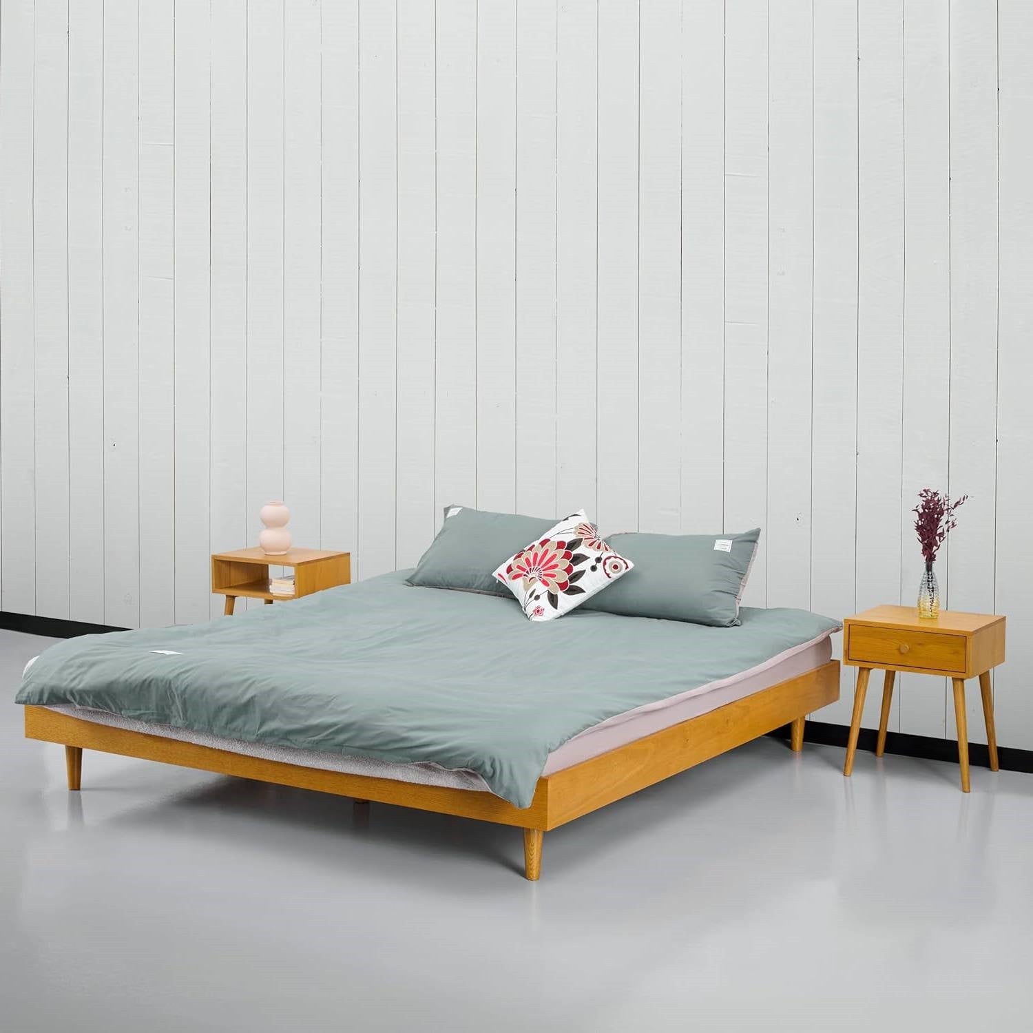 King size Mid-Century Modern Platform Bed Frame in Light Wood Finish-1