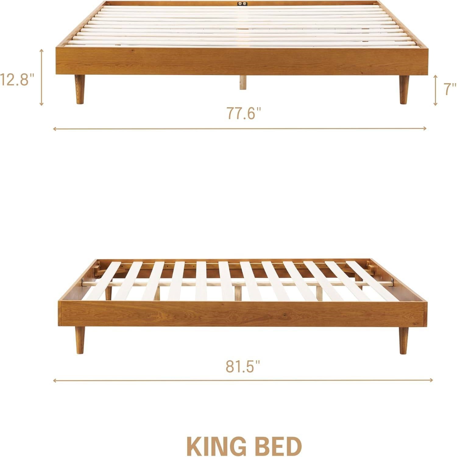 King size Mid-Century Modern Platform Bed Frame in Light Wood Finish-4