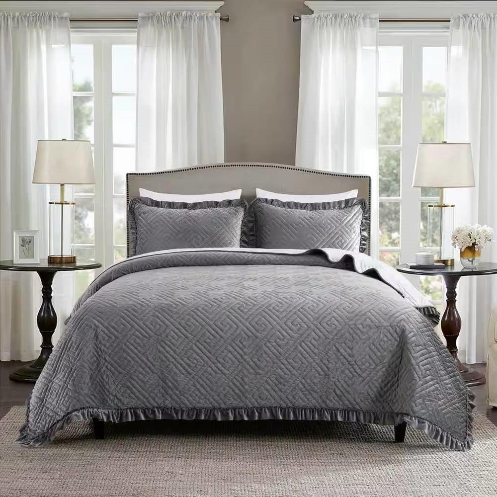 King Gray Charcoal Velvet Microfiber Polyester Reversible 3-Piece Quilt Set-0