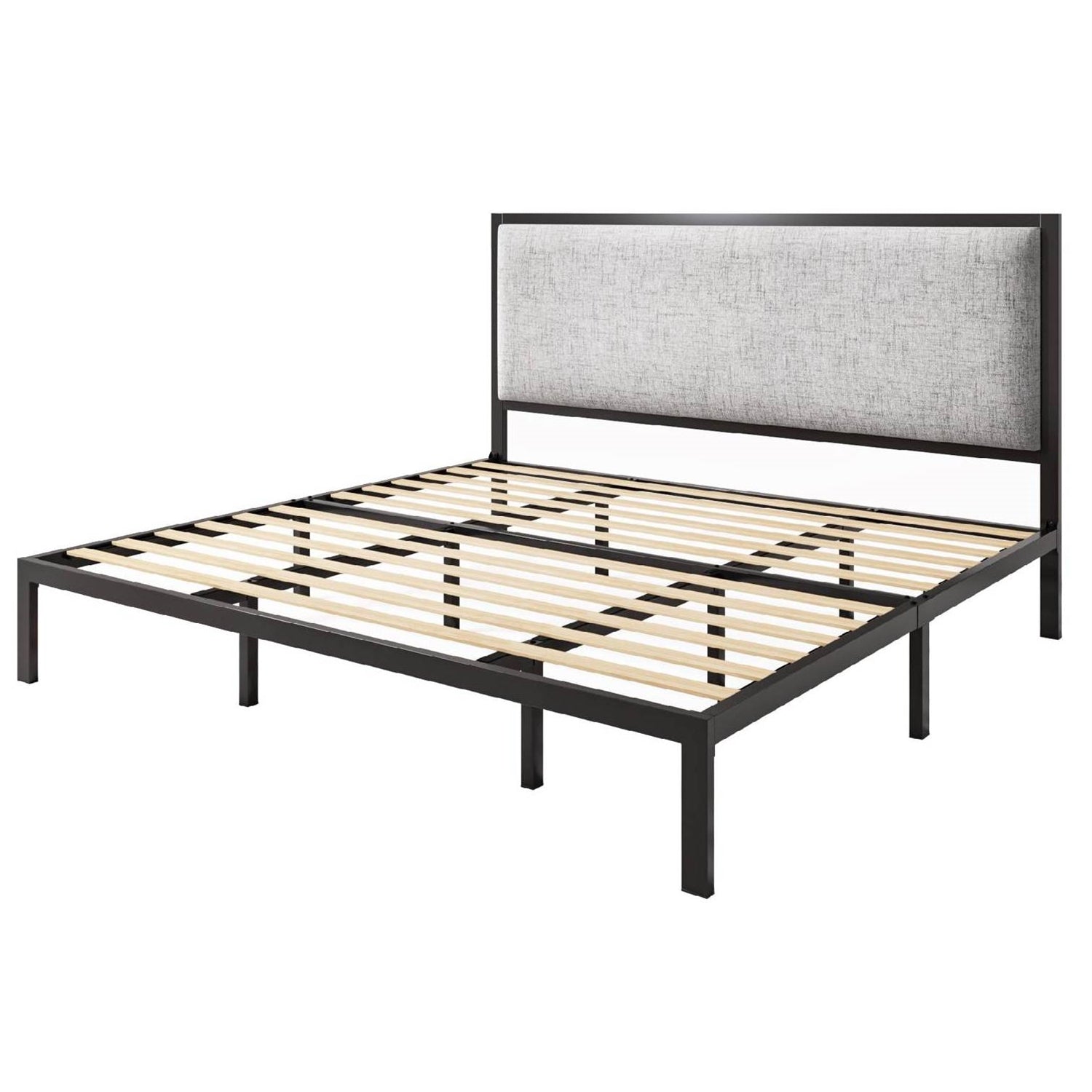 King Black Metal Platform Bed Frame with Tall Grey Linen Upholstered Headboard-0