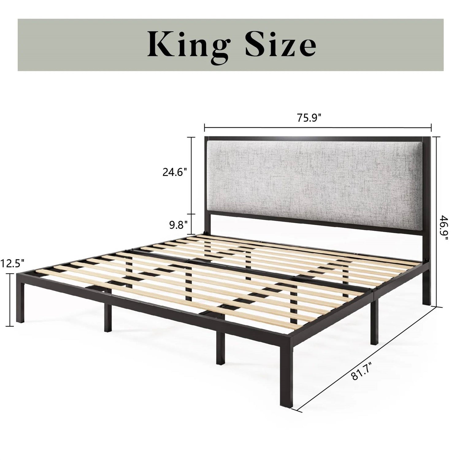 King Black Metal Platform Bed Frame with Tall Grey Linen Upholstered Headboard-4