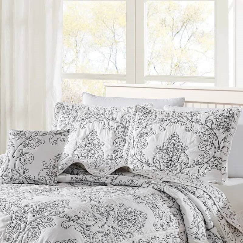 King size White Damask Embroidered 4 Piece Oversized Bedspread Set-1