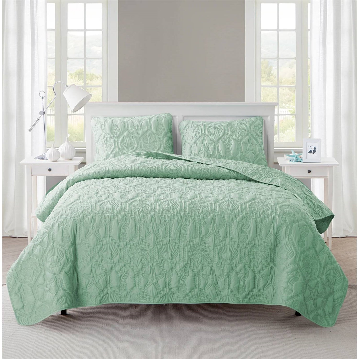 King Coastal Beach Starfish Seashell Seahorse Light Green Teal Quilt Set-0