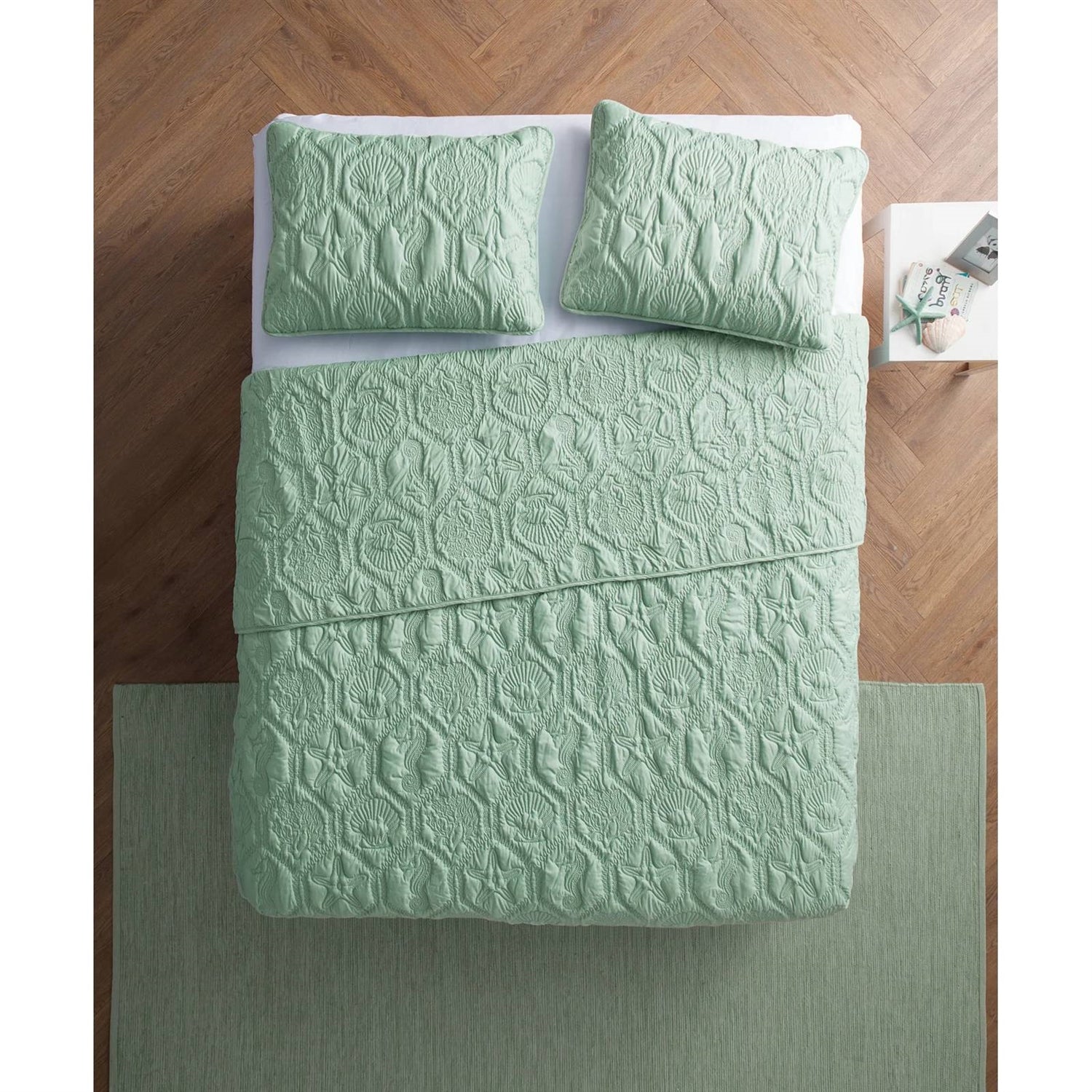 King Coastal Beach Starfish Seashell Seahorse Light Green Teal Quilt Set-2