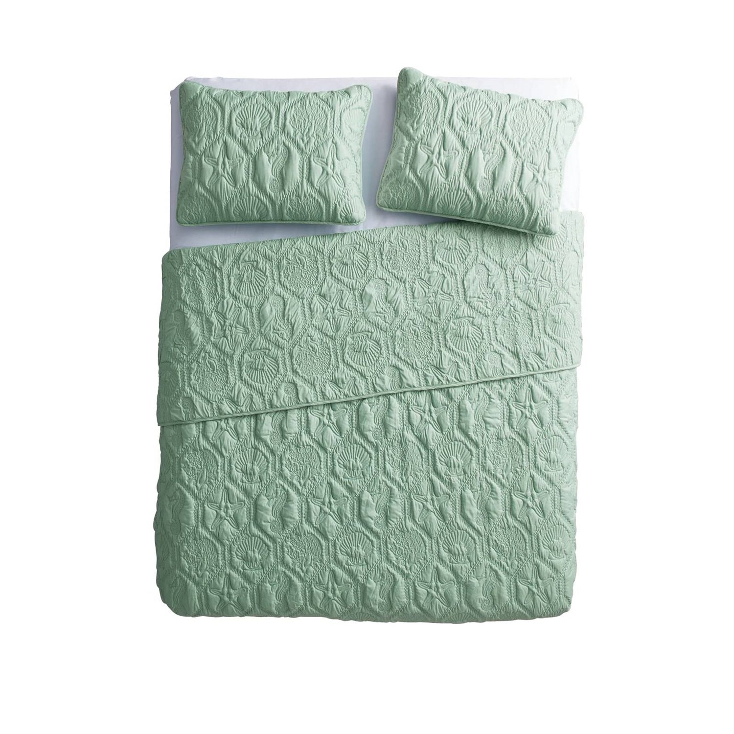 King Coastal Beach Starfish Seashell Seahorse Light Green Teal Quilt Set-3