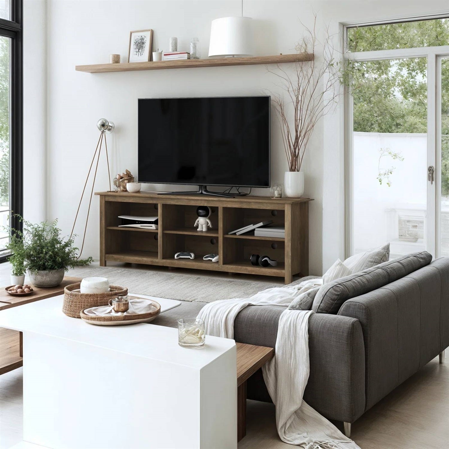 Farmhouse Style TV Stand with 6 Storage Compartments in Brown Oak Wood Finish-2