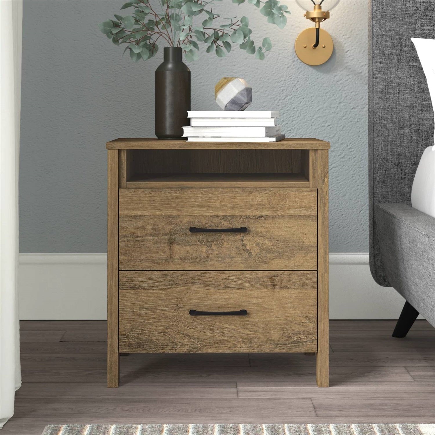 Modern Farmhouse 2-Drawer Nightstand Bedside Table in Brown Oak Wood Finish-0