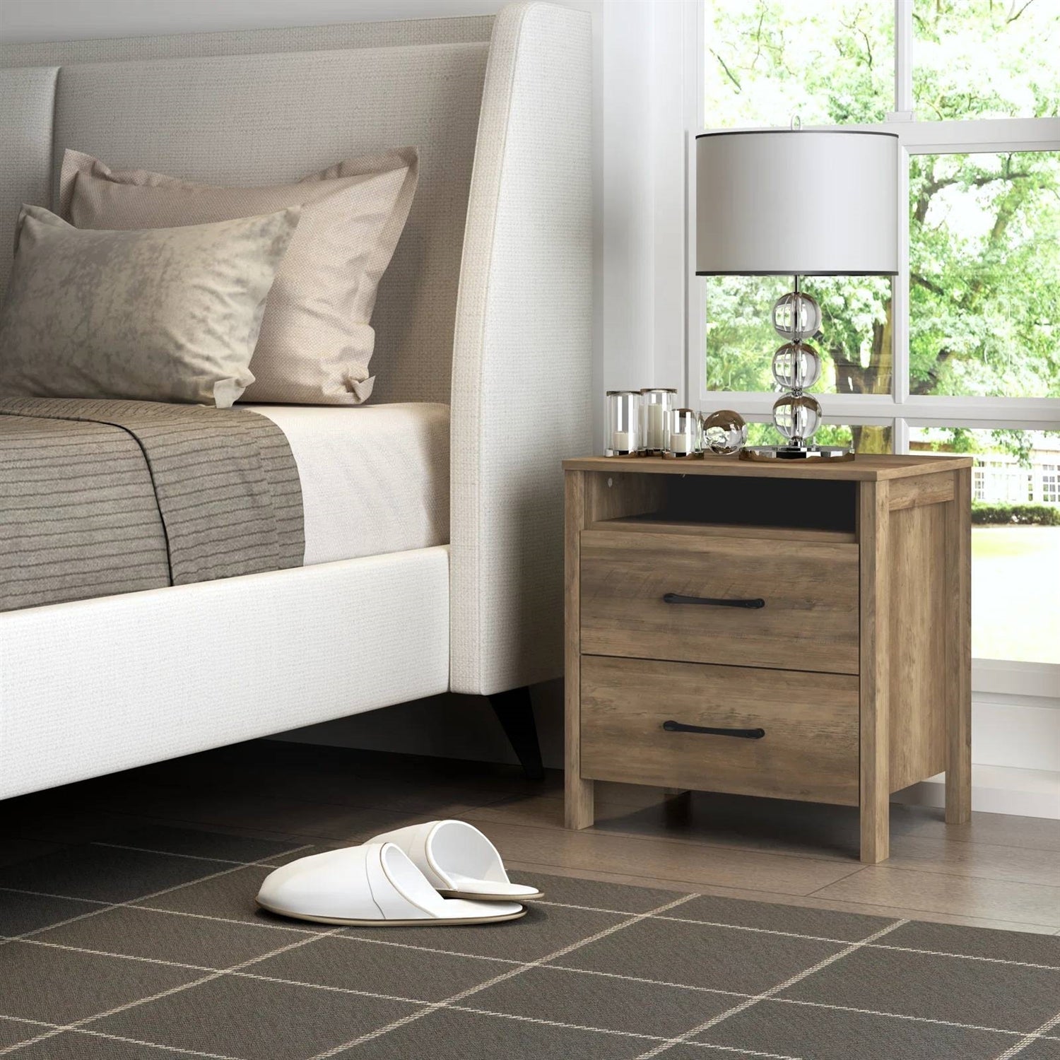 Modern Farmhouse 2-Drawer Nightstand Bedside Table in Brown Oak Wood Finish-2