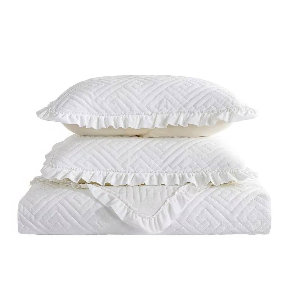 King size Ivory White Velvet Microfiber Polyester Reversible 3-Piece Quilt Set-1