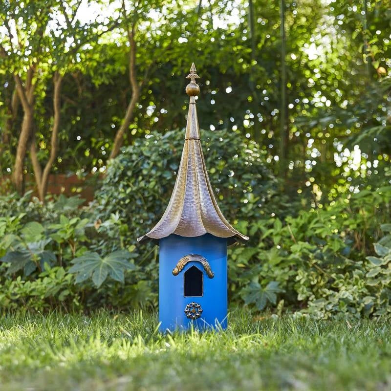 Outdoor Teal Blue Metal Birdhouse with Vintage Bronze Phonograph Style Roof-2
