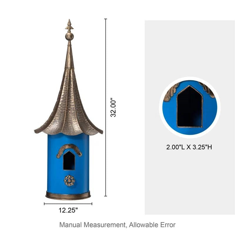 Outdoor Teal Blue Metal Birdhouse with Vintage Bronze Phonograph Style Roof-4