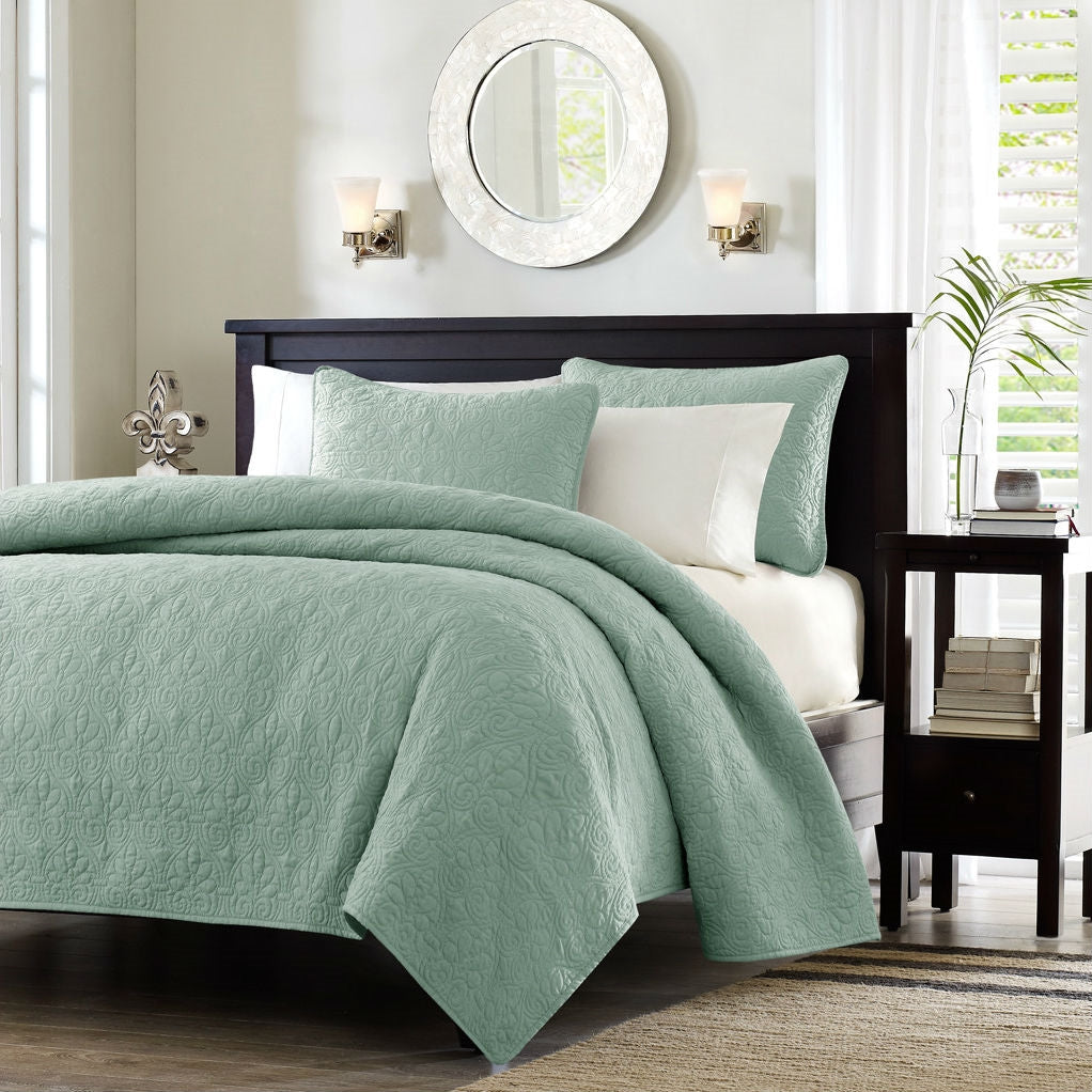 King size Seafoam Green Blue Coverlet Set with Quilted Floral Pattern-1