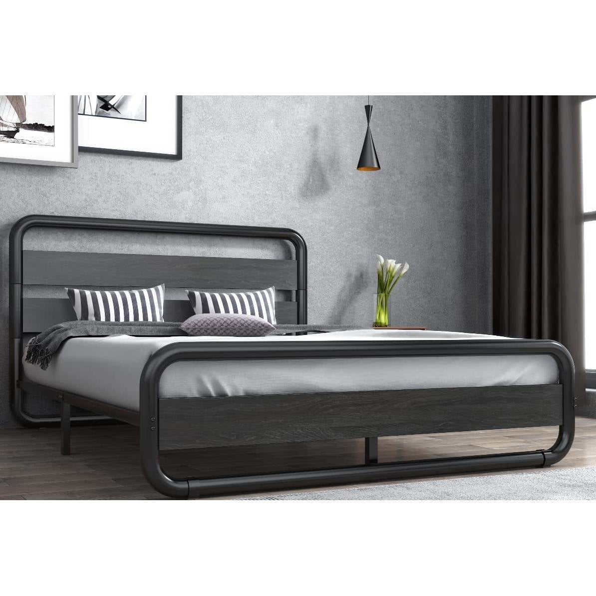 King Heavy Duty Round Metal Frame Platform Bed with Black Wood Panel Headboard-1