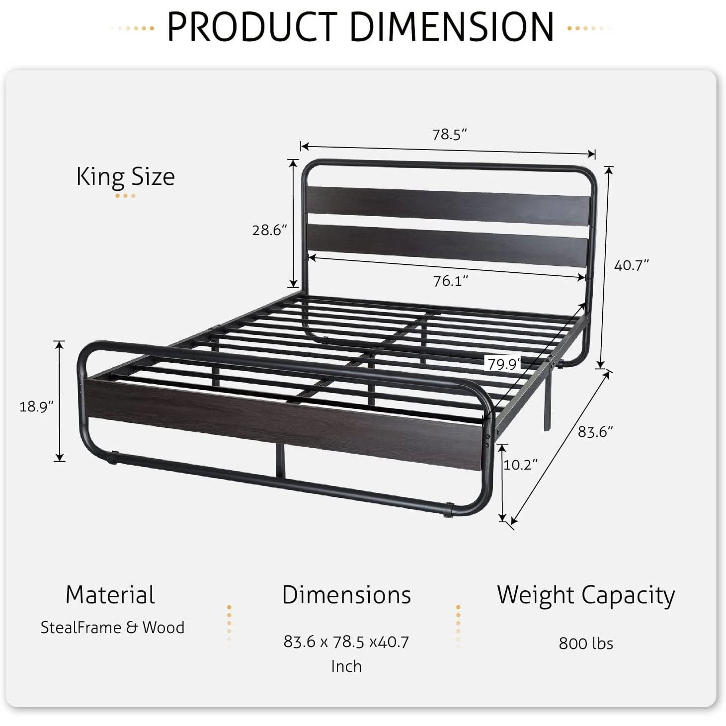 King Heavy Duty Round Metal Frame Platform Bed with Black Wood Panel Headboard-4