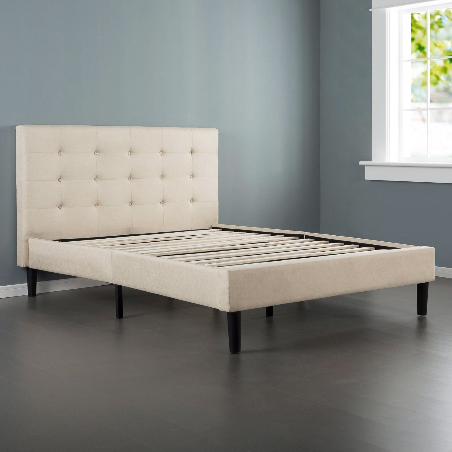King size Upholstered Platform Bed Frame with Button Tufted Headboard in Taupe-1