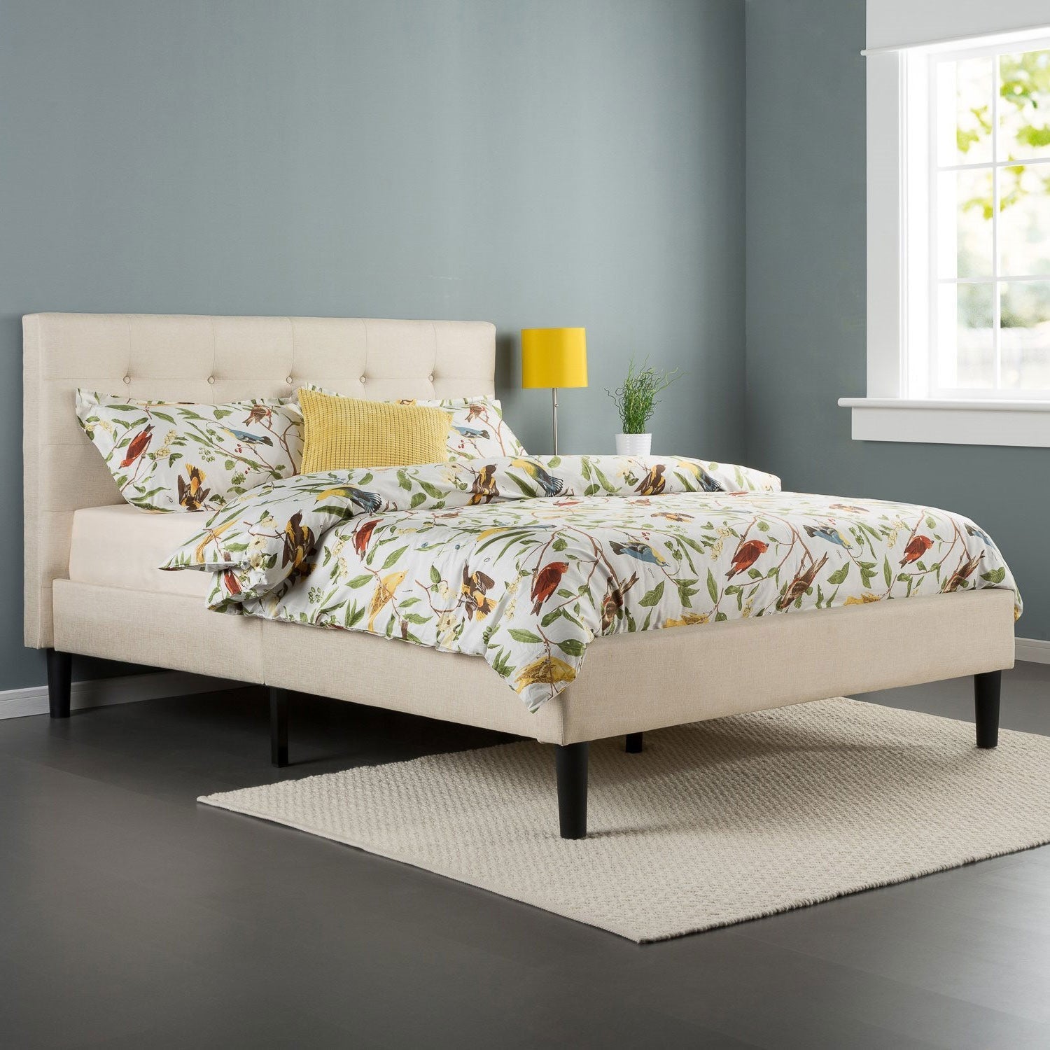 King size Upholstered Platform Bed Frame with Button Tufted Headboard in Taupe-3