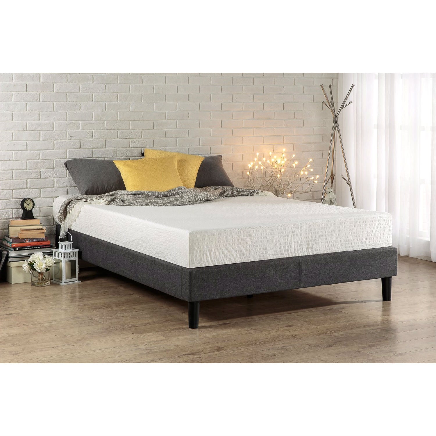 King size Grey Upholstered Platform Bed Frame with Mid-Century Style Legs-0