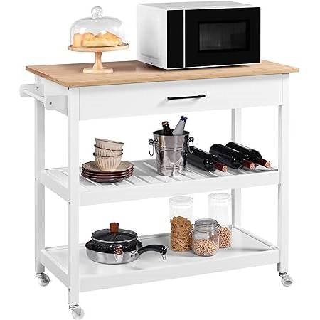 White Kitchen Island Cart with Drawer Storage Shelves and Locking Casters-0