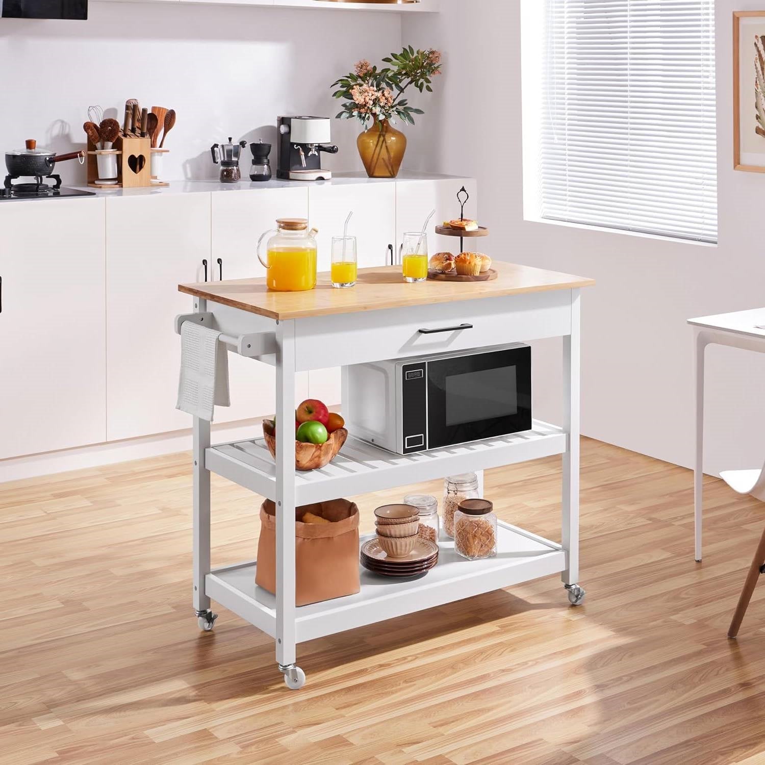 White Kitchen Island Cart with Drawer Storage Shelves and Locking Casters-1