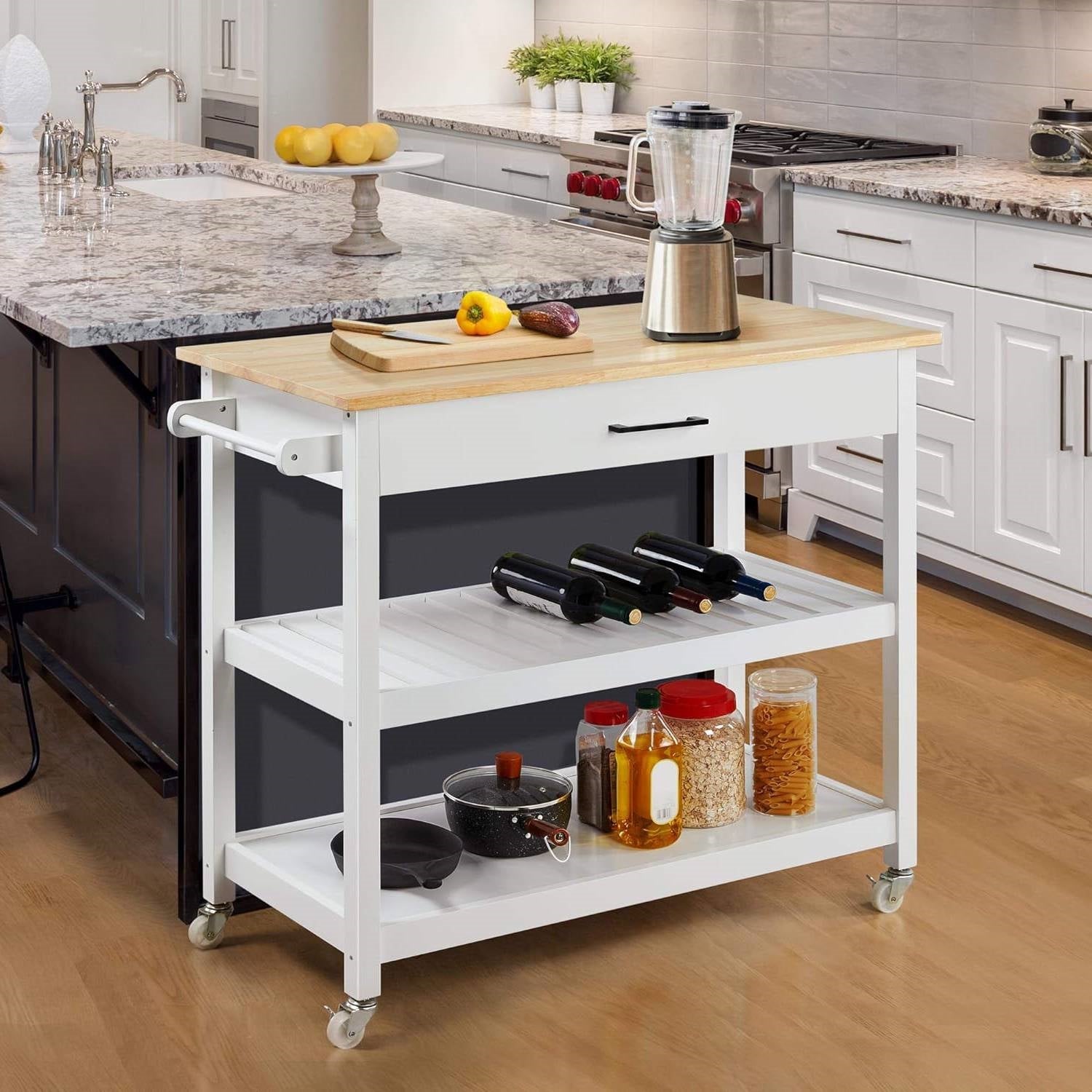 White Kitchen Island Cart with Drawer Storage Shelves and Locking Casters-2