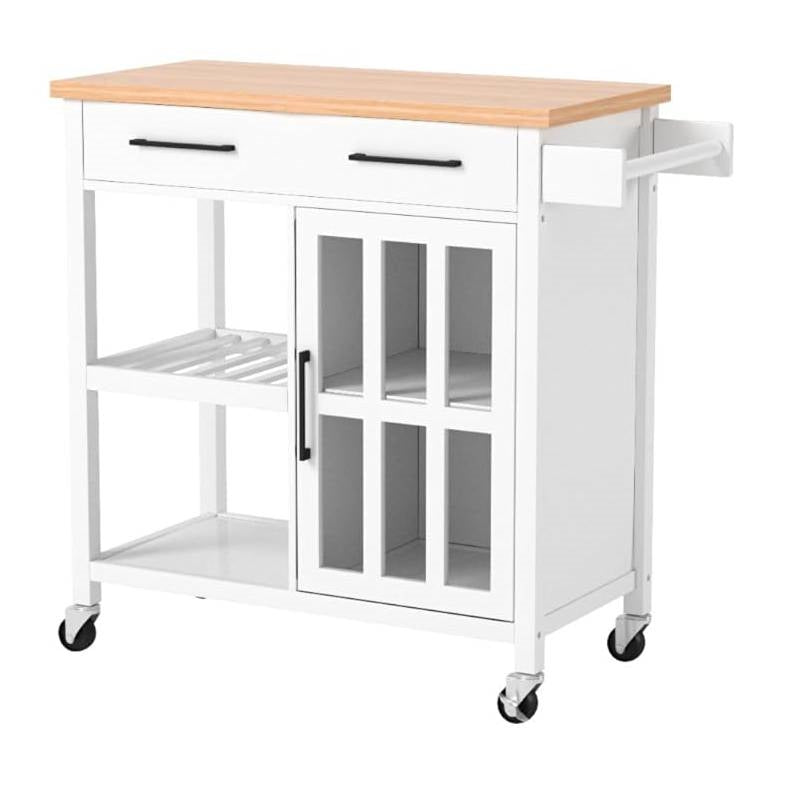 White Kitchen Island Cart with Wood Top Storage Cabinet and Locking Casters-0