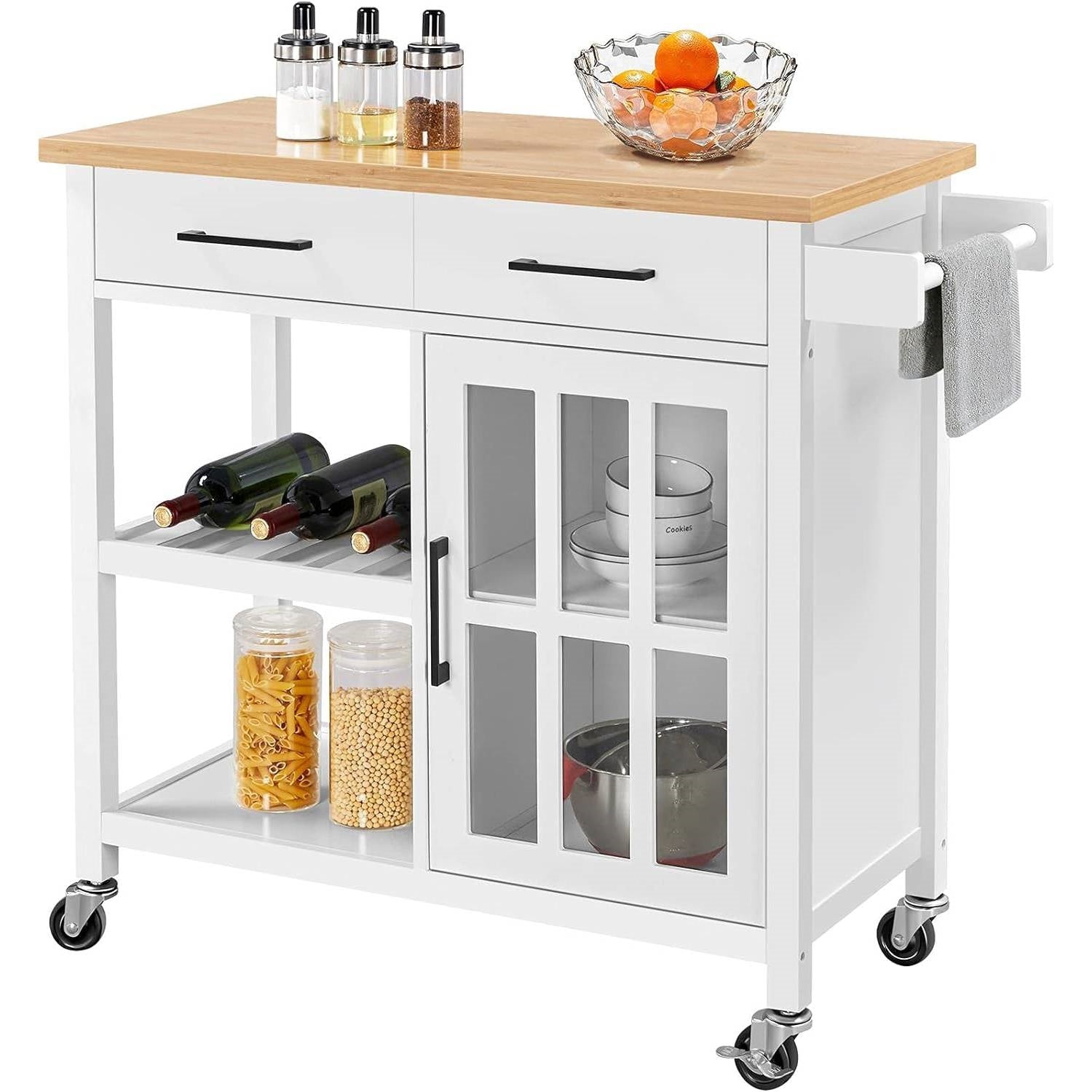 White Kitchen Island Cart with Wood Top Storage Cabinet and Locking Casters-1