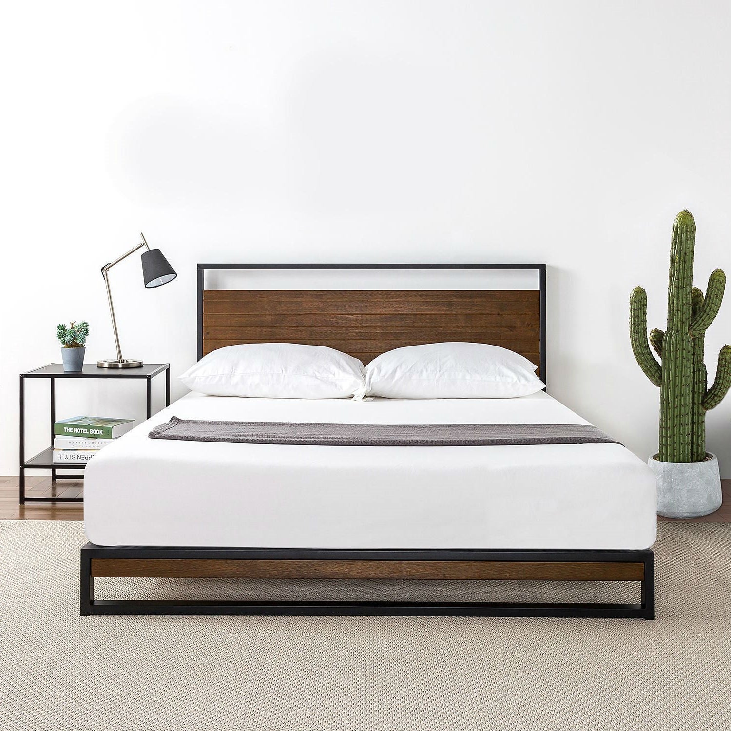 King size Metal Wood Platform Bed Frame with Headboard-2