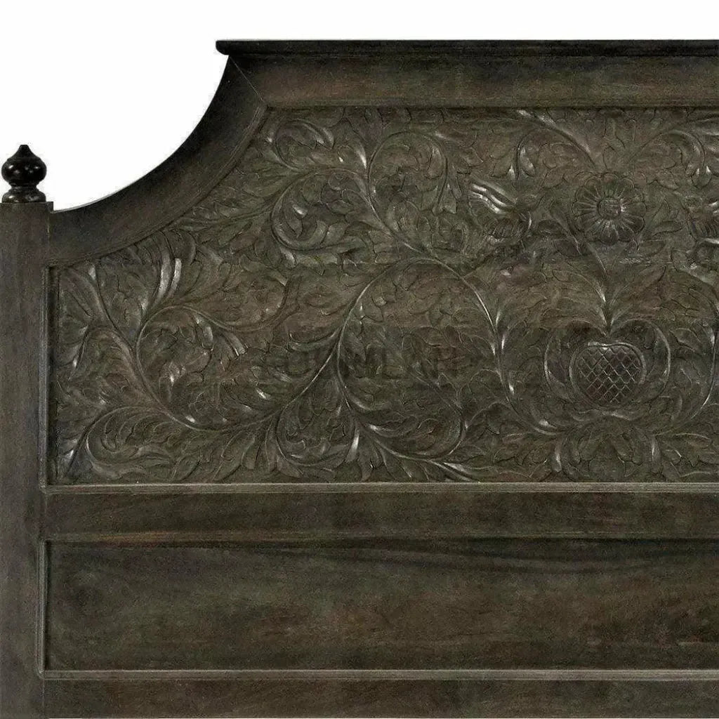 Karia Hand Carved Dark Stain Wood Panel King Bed