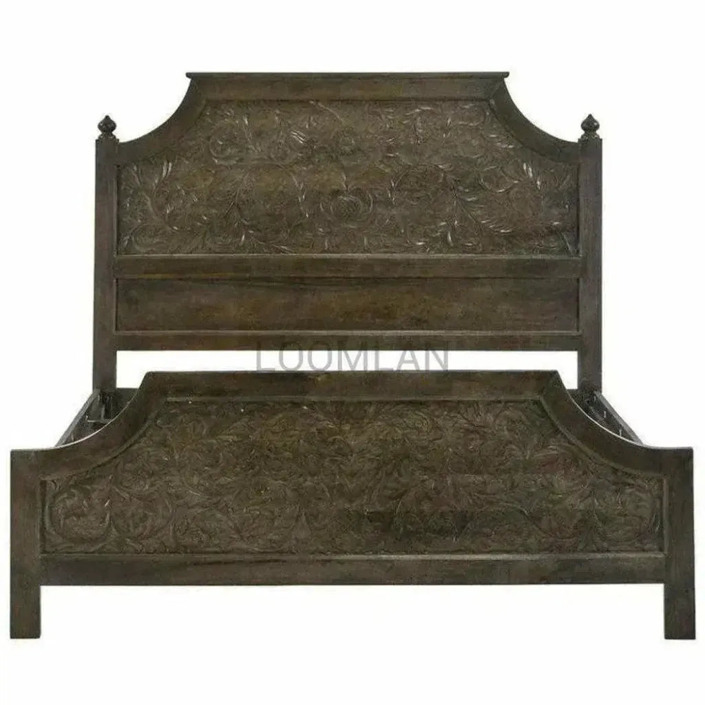 Karia Hand Carved Dark Stain Wood Panel King Bed