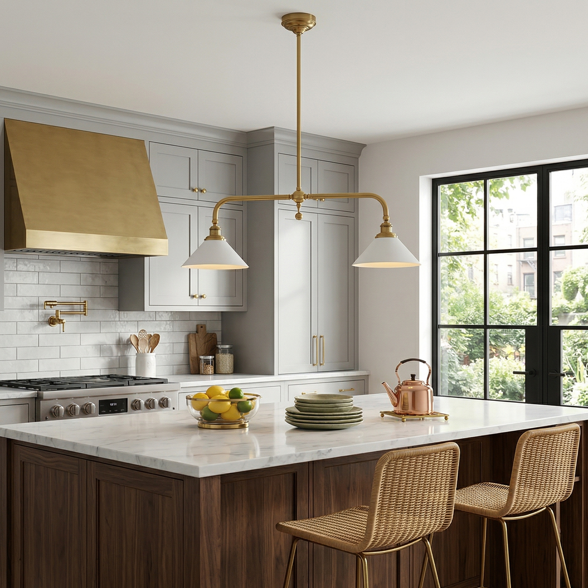 Brass Two-Head Pendant Light with Ceramic Shades | Kitchen Island Fixture