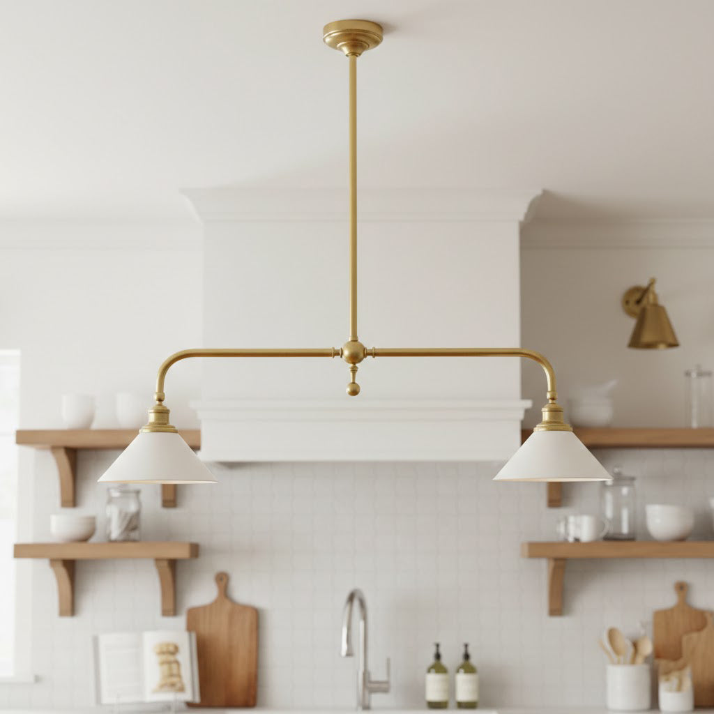 Brass Two-Head Pendant Light with Ceramic Shades | Kitchen Island Fixture