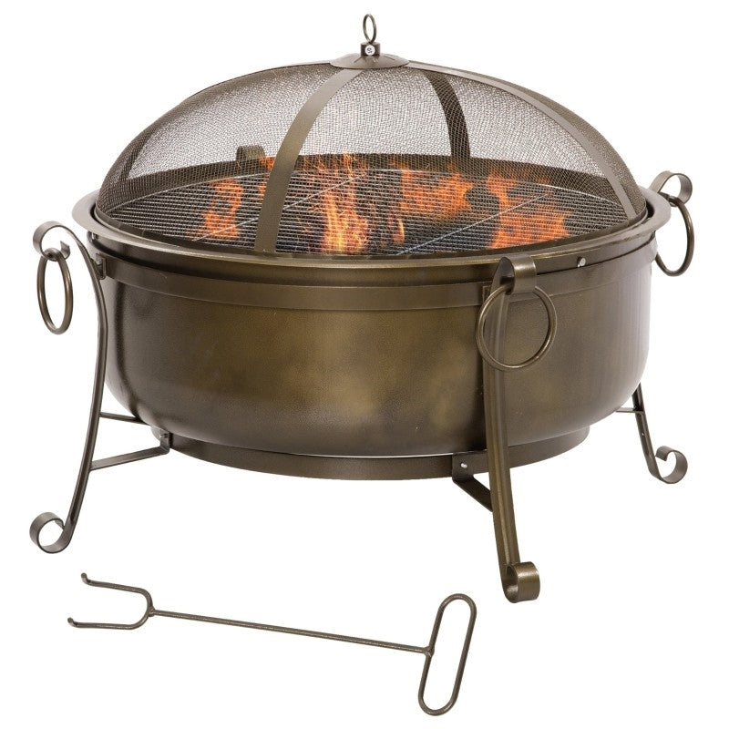 Large Wood Burning Fire Pit Cauldron Style Steel Bowl w/ BBQ Grill, Log Poker, and Mesh Screen Lid-0