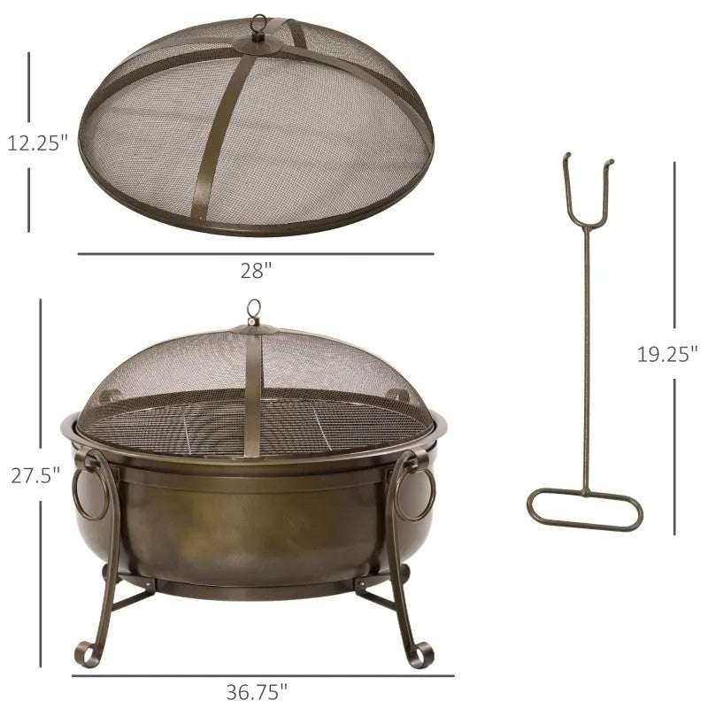 Large Wood Burning Fire Pit Cauldron Style Steel Bowl w/ BBQ Grill, Log Poker, and Mesh Screen Lid-3