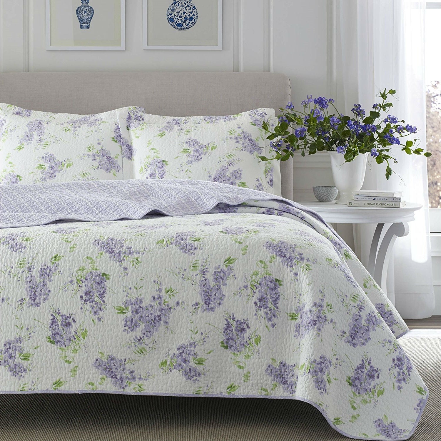 Full / Queen size 3-Piece Cotton Quilt Set with White Purple Floral Pattern-2