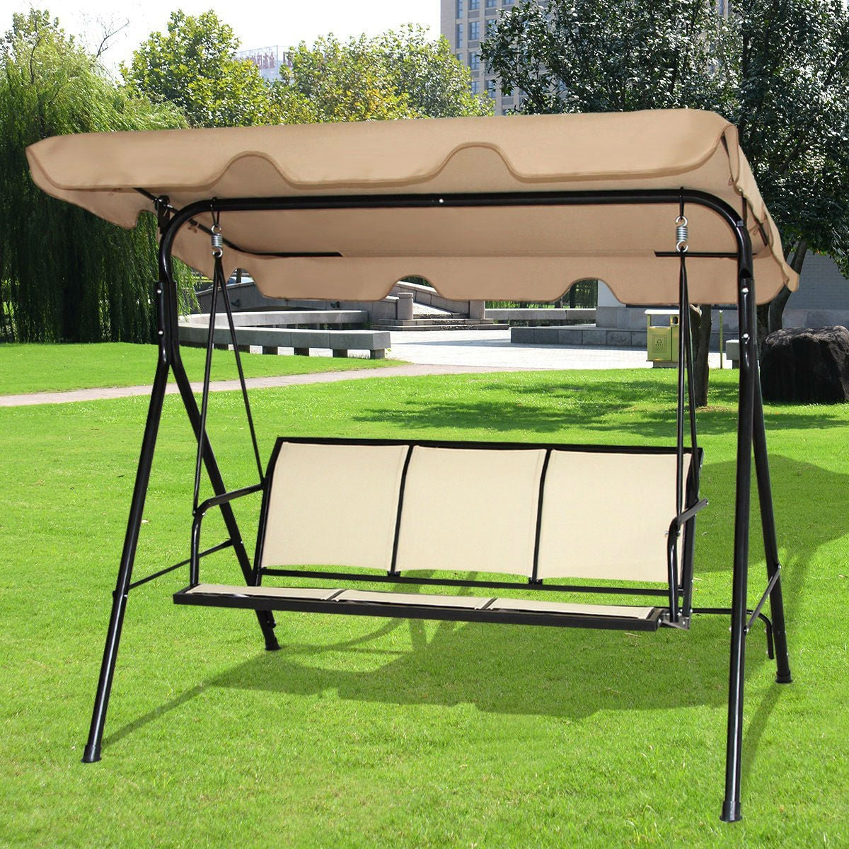 Outdoor Porch Patio 3-Person Canopy Swing in Light Brown-1