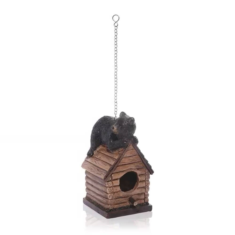 Outdoor Polyresin A-Frame Birdhouse in Brown Wood Finish Bear Figurine-1