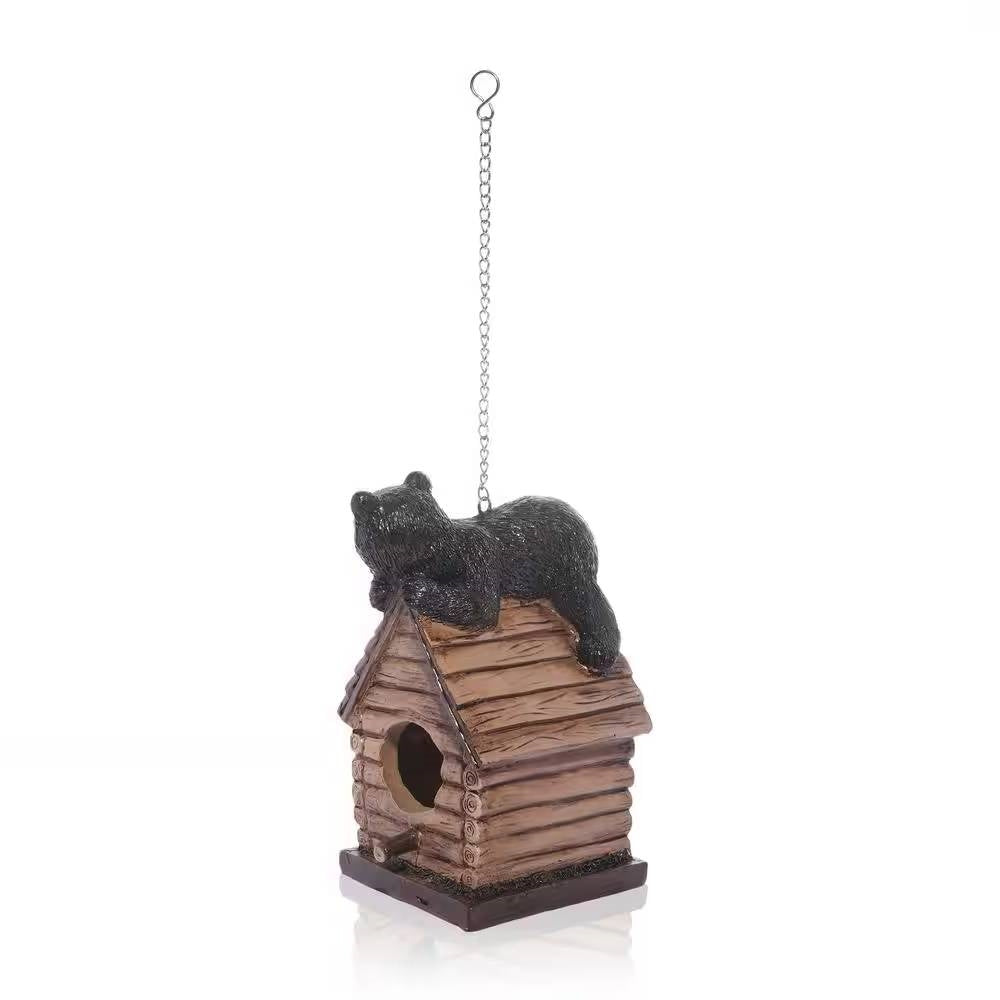 Outdoor Polyresin A-Frame Birdhouse in Brown Wood Finish Bear Figurine-2