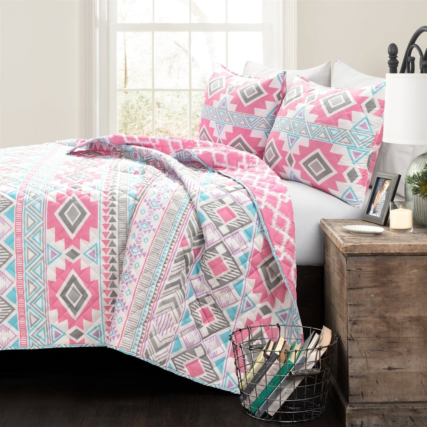 Twin Southwest Indian Style Polyester Pink Blue Striped Reversible Quilt Set-1
