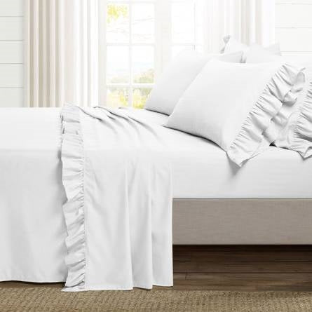 Queen size 6-Piece White Microfiber Sheet Set with Ruffled Edges-2