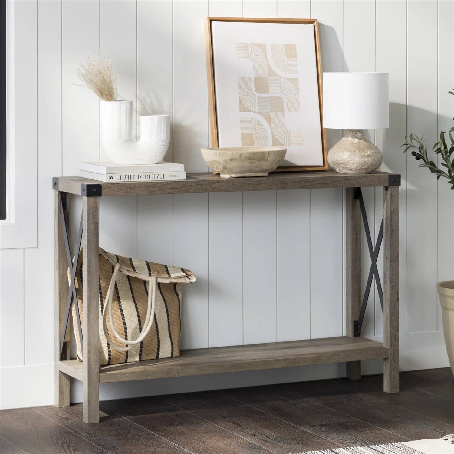 Industrial Farmhouse Entryway Table / Console Table in Taupe Grey Wood Finish-0