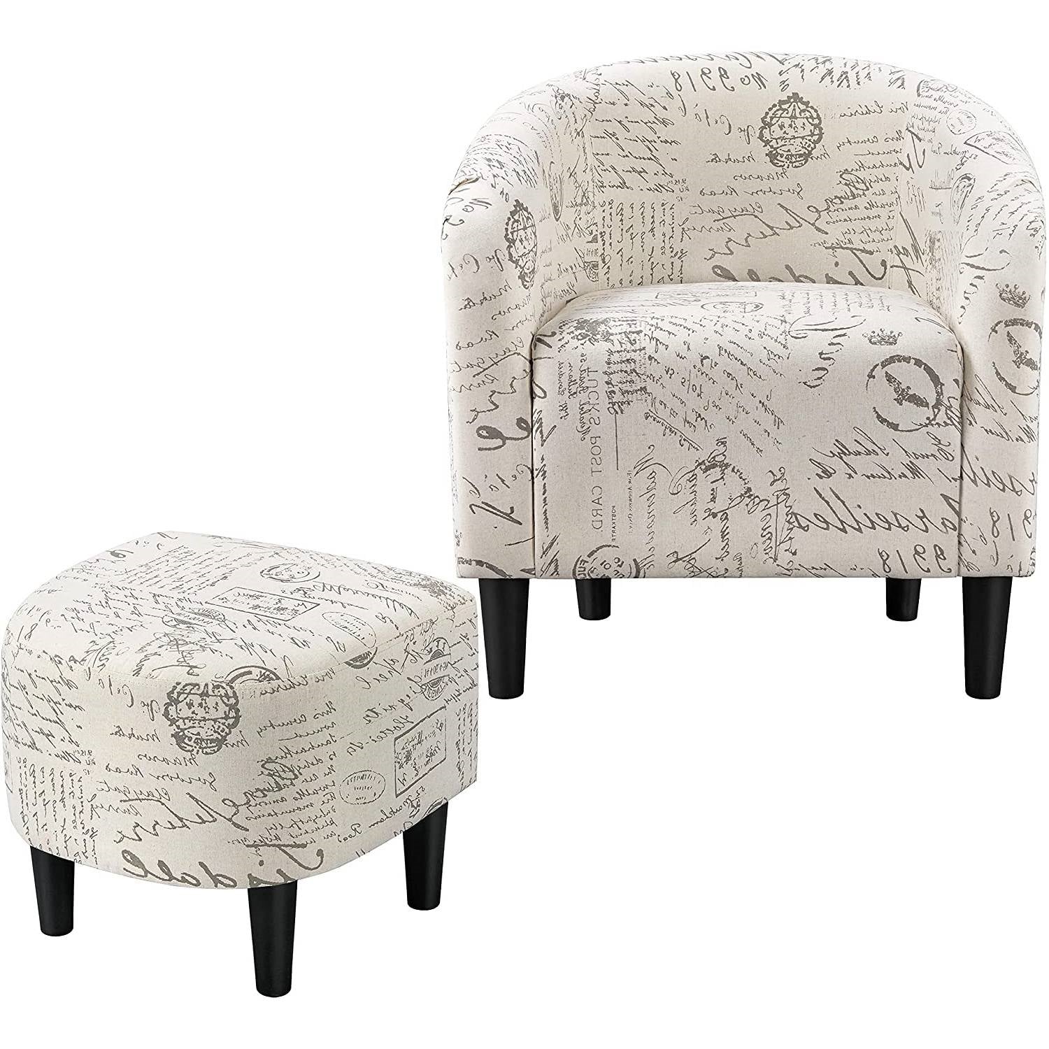 Letter Print French Upholstered Barrel Chair and Ottoman Set-0