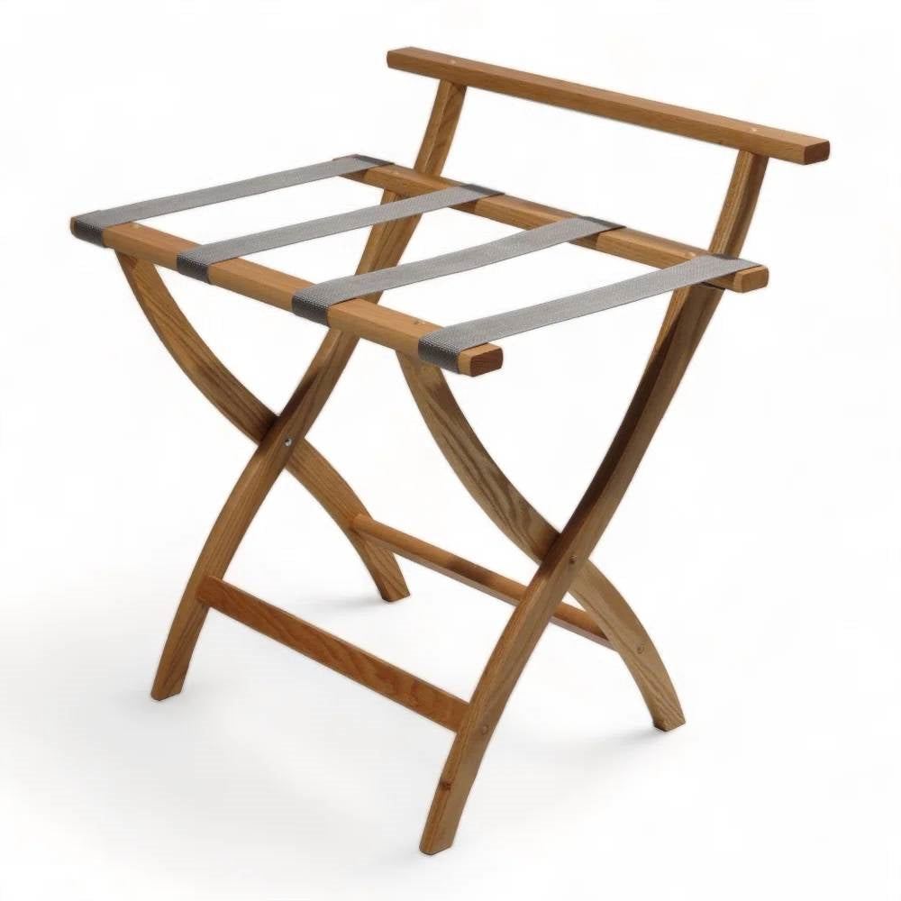 Solid Wood High Back Luggage Rack with Grey Straps in Light Wood Finish-0