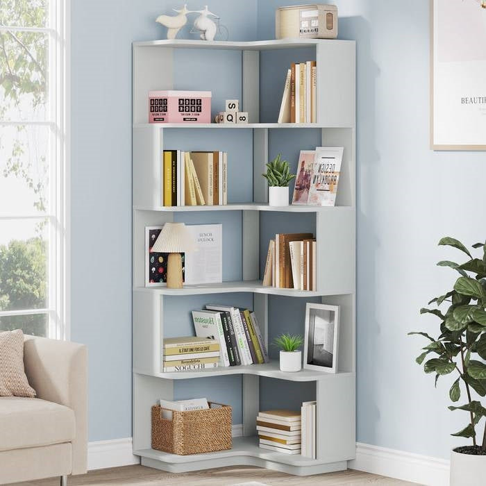 Multifunctional 6 Shelf Corner L-Shaped Bookcase in Sliver Grey Wood Finish-1