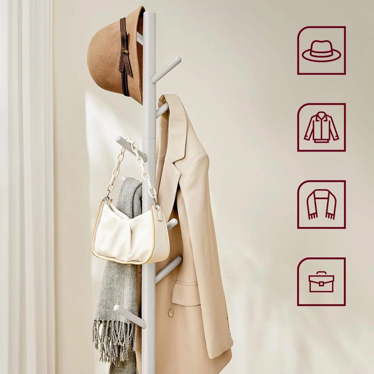 Modern Farmhouse Solid Wood Coat Rack Entryway Hall Tree Hat Stand in Light Grey